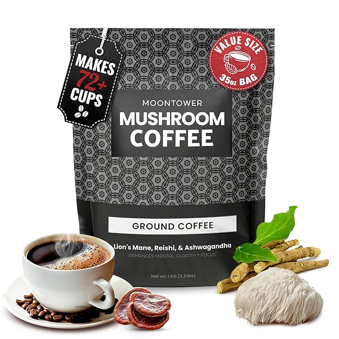 Moontower Adaptogen Mushroom Coffee Ground - Organic Mushroom Coffee with Lion's Mane Reishi &amp Ashwagandha Medium Roast Nicaraguan Beans for Focus &amp Clarity Energizing Balanced Brew - 35 oz