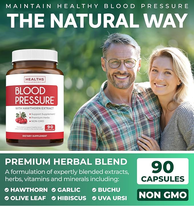 Blood Pressure Support Supplement (NON-GMO) Premium Natural Herbs Vitamins &amp Berries - High Dosage of Hawthorn Berry Extract – Supports Blood Pressure Levels Already In The Normal Range – 90 Caps