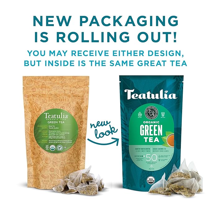 Teatulia Organic Green Tea Bags (50 Pyramid Sachet Teabags) Pure Whole Leaf Natural Green Tea In Bags. Premium 100% Compostable and Sustainably Grown In Bangladesh
