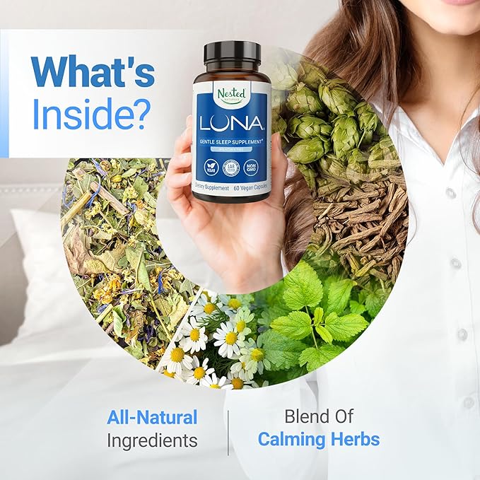 Nested Naturals Luna Melatonin Free Non-Habit Forming Herbal Sleep Supplement w/Chamomile Valerian L-Theanine 180 Vegan Capsules (60 Capsules Per Bottle)