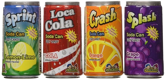 Kidsmania Soda Can Fizz Candy Variety Pack: Sprint Lemon Lime Loca Cola Crash Orange Splash Grape - 0.25 Ounce 72-Pack