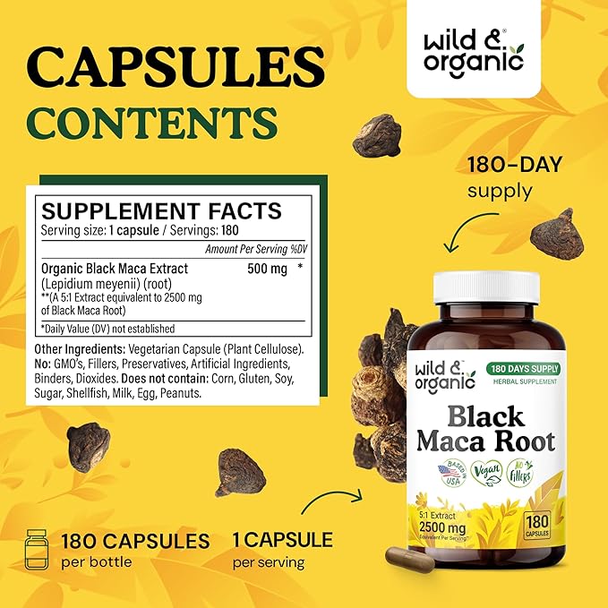 Wild &amp Organic Black Maca Root Capsules for Men &amp Women 500 mg - Overall Support for Men &amp Women - Vegan Maca Powder Supplement - 180 Days Supply - Non-GMO No Fillers Gluten-Free - 180 C