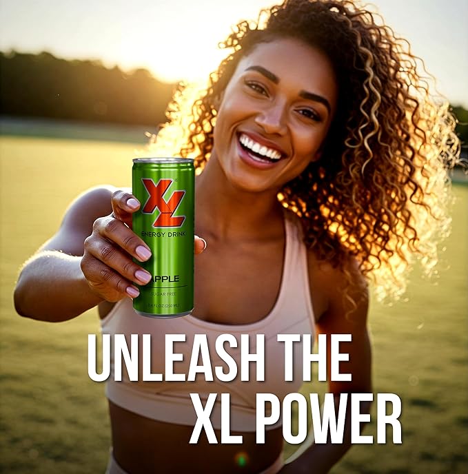 XL Energy Drinks Sugar Free 8.4 Oz 24 Pack - Low Calories Apple Flavor Sugar Free Energy Drinks 80mg Caffeine plus Taurine &amp B Vitamins - Improve Performance with Zero Sugar Drinks Carbonated Bev