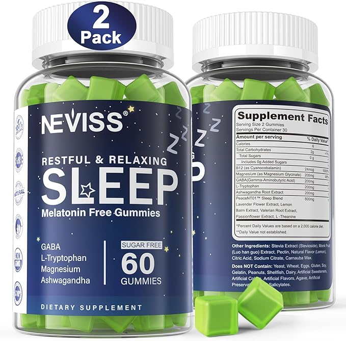 NEVISS Melatonin Free Sleep Aid Gummies for Adults - Magnesium Glycinate Gummies | GABA L-Tryptophan Magnesium Ashwagandha - Non-Habit Forming Help for Deep Relaxation - Vegan Lemon Flavor 2Pack