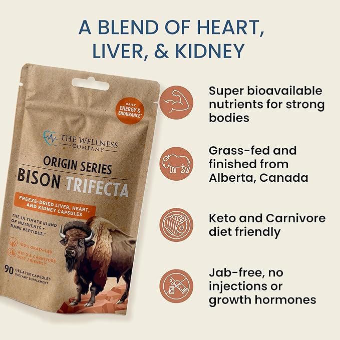 Bison Trifecta - Super-Bioavailable Multivitamin Heme Iron All Natural - Heart Kidney Liver Grass-Fed &amp Finished No Vaccines or Hormones | 90ct (1 Month Supply)