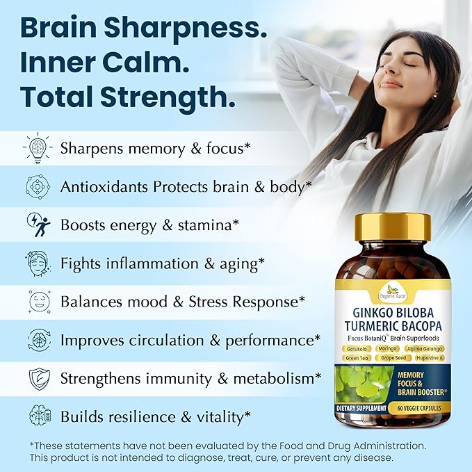 Organic Veda Ginkgo Biloba Turmeric Bacopa Capsules - FocusBotaniQ Memory &amp Brain Supplement - 10 in 1 Cognitive Superfoods Brain Booster Concentration Energy &amp Focus Support - 60 Vegan Cap