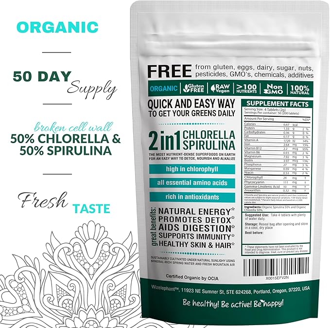 Organic Spirulina Chlorella Tablets - 50 Servings - 2-in-1 Superfood Algae Supplement for Natural Immune Support Detox and Energy Boost. Broken Cell Wall. Organic Chlorophyll. Espirulina