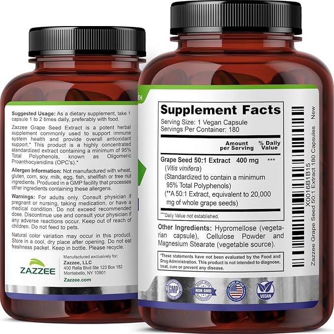 Zazzee High Strength Grape Seed 50:1 Extract 180 Vegan Capsules 95% Polyphenols 400 mg per Capsule 6 Month Supply Antioxidant Circulation &amp Blood Flow Support Non-GMO Made in the USA