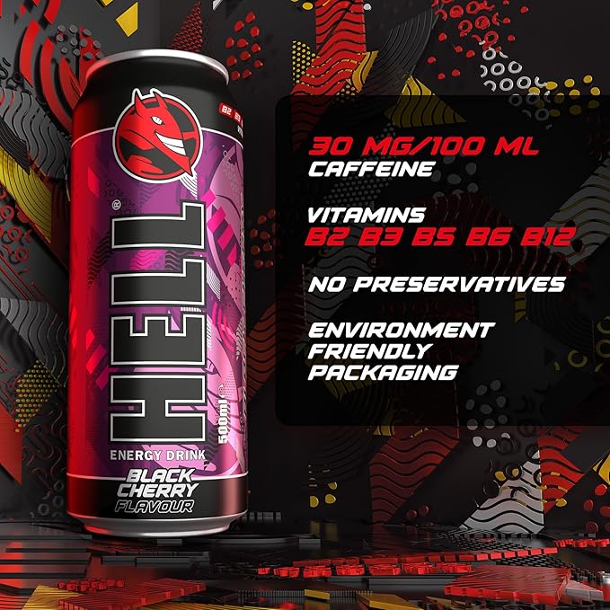 HELL BLACK CHERRY Energy Drink | +20% More Caffeine | Vitamins B2 B3 B6 B12 C &amp D | No Preservatives | Environmentally Friendly Packaging | 12 x 500 ml | Compatible with HELL Energy