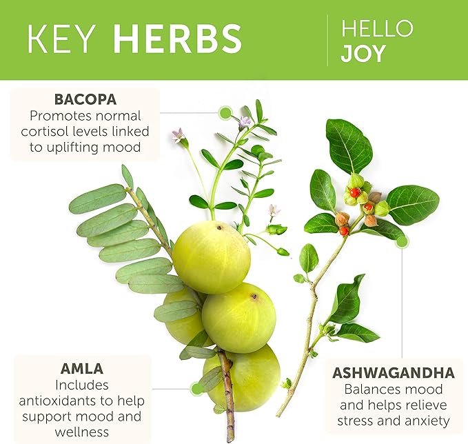 Himalaya Hello Joy Herbal Supplement with Ashwagandha Amla Bacopa Holy Basil/Tulsi Positive Outlook Supports Motivation Stress Relief Balanced Cortisol Non-GMO Vegan 60 Capsules