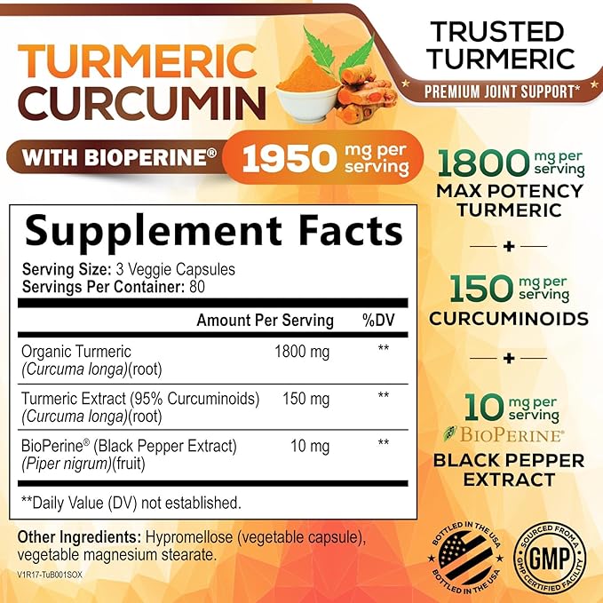 Turmeric Curcumin Supplement 95% Curcuminoids - 1800mg Organic Turmeric Per Serving - BioPerine Black Pepper Extract for Best Absorption Natural Joint Support Non-GMO Bottled in USA - 240 Capsules