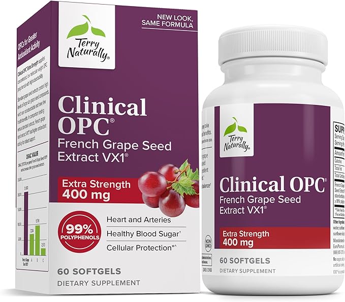 Terry Naturally Clinical OPC Extra Strength - Cardiovascular Health &amp Focus Support - Supplement with Grape Seed Extract - Immune Support Supplement - 60 Softgels