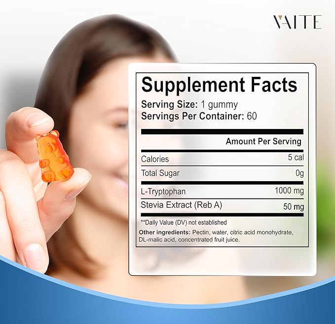 VAITE L Tryptophan 1000mg Gummies – Chewable Supplement for Positive Outlook Calm Support &amp Inner Balance 60 Vegan Gummy to Promote Restful Nights Support Mental Focus &amp Encourage Peaceful