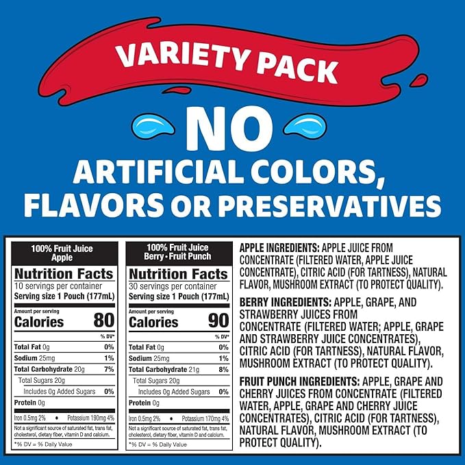 100% Juice Variety Pack 6 fl. oz. Pouches 40 pk. - Premium Refreshing Juice Drink - Variety Pack - Pantry Essential