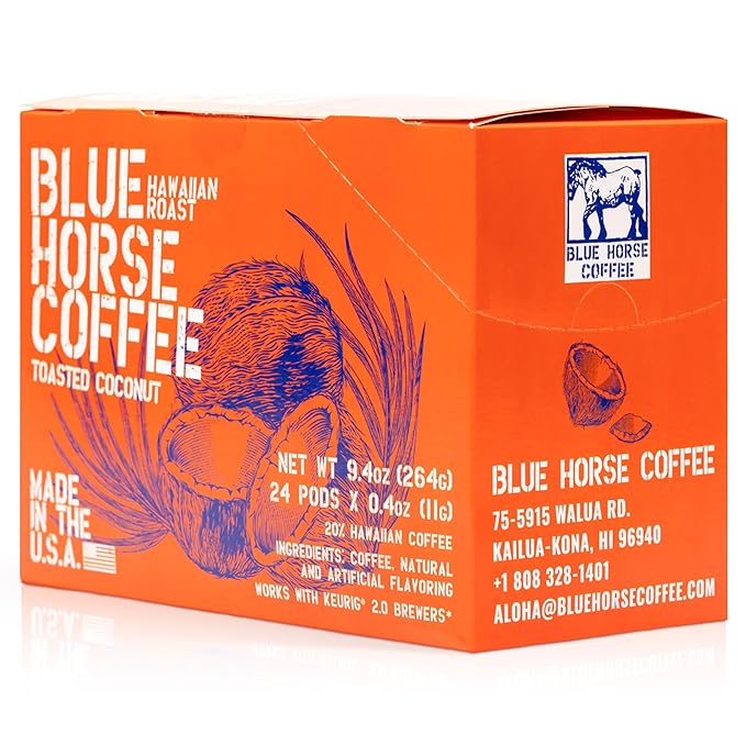 Blue Horse 'Gentle Giant' Hawaiian Roast (20% Kona) Coffee Pods - Toasted Coconut - Medium Roast 24ct Single Serve Compatible with K Cups 2.0 Farm Fresh Premium 100% Arabica Beans