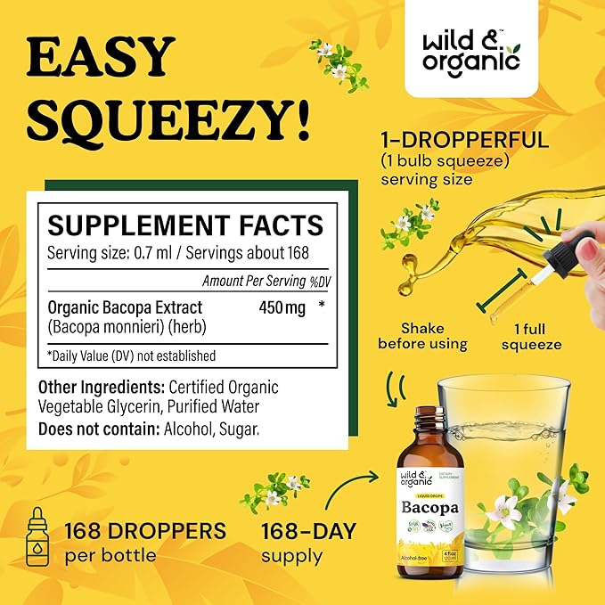 Wild &amp Organic Bacopa Liquid Drops - Herbal Tincture for Brain Support - Vegan Supplements with Bacopa Monnieri Extract Liquid - 5-Month Supply - Sugar &amp Alcohol-Free - 4 fl oz