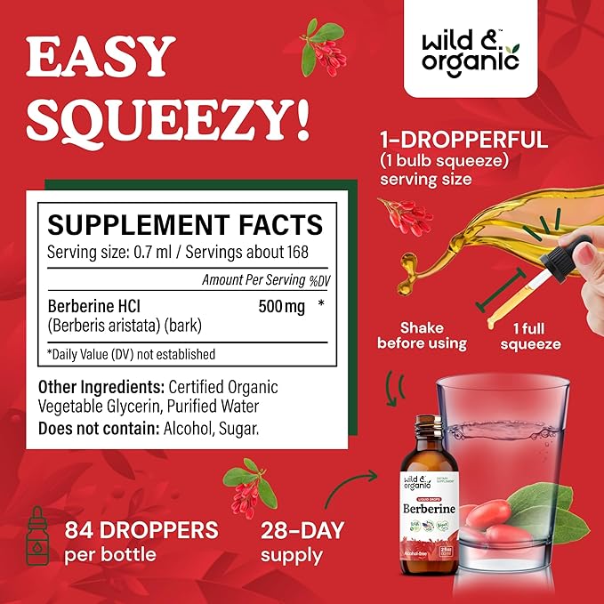 Wild &amp Organic Berberine Liquid Drops - 500mg Berberine Supplement HCL for Overall Support - Natural Extract Tincture - Vegan Alcohol &amp Sugar-Free - 2 fl oz