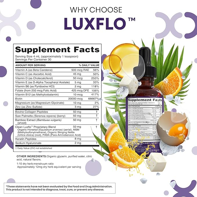 Liquid Biotin &amp Collagen Keratin Hyaluronic Acid Saw Palmetto Drops Vitamins for Hair Growth Support Silica Vitamin A C D Bamboo Turmeric Zinc Folate Magnesium Horsetail LuxFlo By Clean Nutra