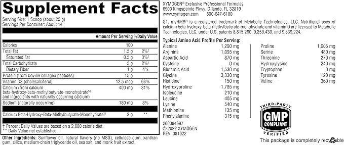 XYMOGEN FIT Food Collagen - Bovine Collagen Peptides Powder with HMB + Vitamin D3-15g Protein to Support Joints &amp Muscle Recovery - Vanilla Flavor (12.35 oz)
