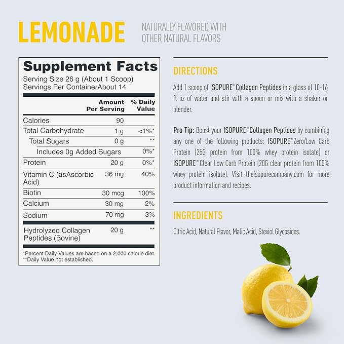 Isopure Collagen Peptides Powder Promotes Hair Nail Skin and Joint Health with Vitamin C and Biotin Lemonade 20g Collagen Peptides Per Serving 11.36 Oz 14 Servings (Packaging May Vary)