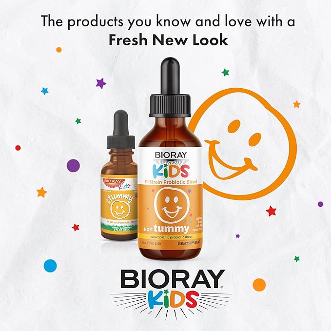BIORAY Kids NDF Tummy Raspberry - 4 fl oz (120 mL) - 11-Strain Probiotic Blend - Supports the Immune Response in the GI Tract - Non-GMO Vegan Gluten Free - Approx. 120 Servings