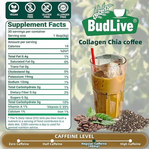 20X Collagen Chia Coffee 11 in 1 Coffee Mix with Collagen &amp Chia Seeds Goji Berry Supports Hair Skin &amp Nails Sugar Free Vegan 45 Servings (9.8Ounce (Pack of 2)