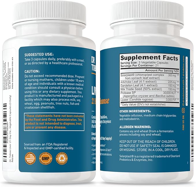 Dr. Tobias Liver 21 Day Cleanse Herbal Liver Detox Cleanse with Milk Thistle Dandelion Root &amp Artichoke Extract Supports Liver Health &amp Digestion 63 Vegetarian Capsules (63 Count (Pack of