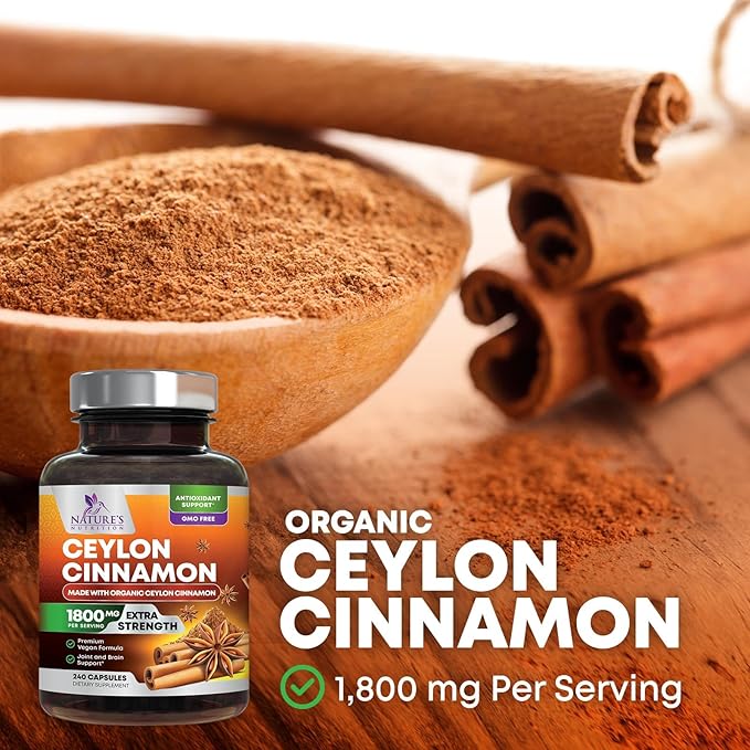 Organic Ceylon Cinnamon 1800mg Per Serving - Extra Strength Certified Organic Ceylon Cinnamon Powder Pills Supplement - Energy &amp Heart Support Antioxidant for Women &amp Men Bottled USA - 240 Ca