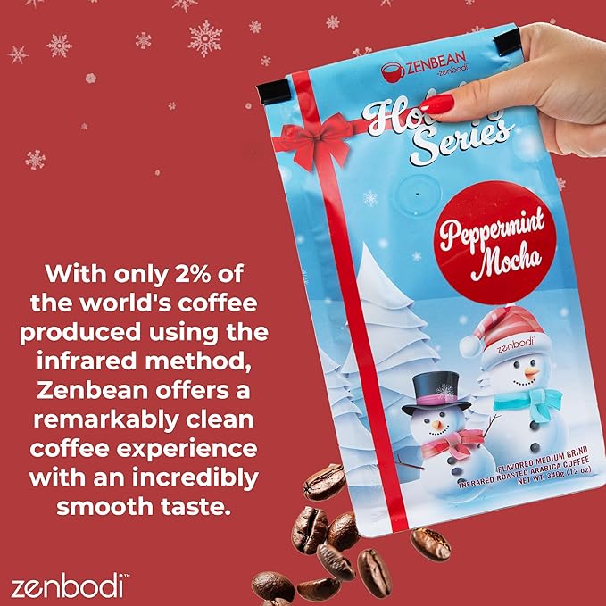 Zenbean Holiday Series Peppermint Mocha - Flavored Holiday Coffee Medium Grind Infrared Roasted Arabica Coffee Low Acid with Rhodiola Rosea and L-Theanine Makes 20 Servings 12 Ounce Bag