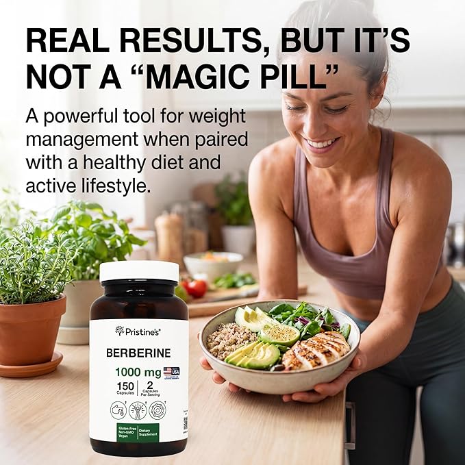 PRISTINE'S Berberine Supplement Capsules - 1000 MG 75 Day Supply 150 Capsules - Heart &amp Immunity Health Support Antioxidant - Digestive Tract &amp Healthy Gut Flora Support