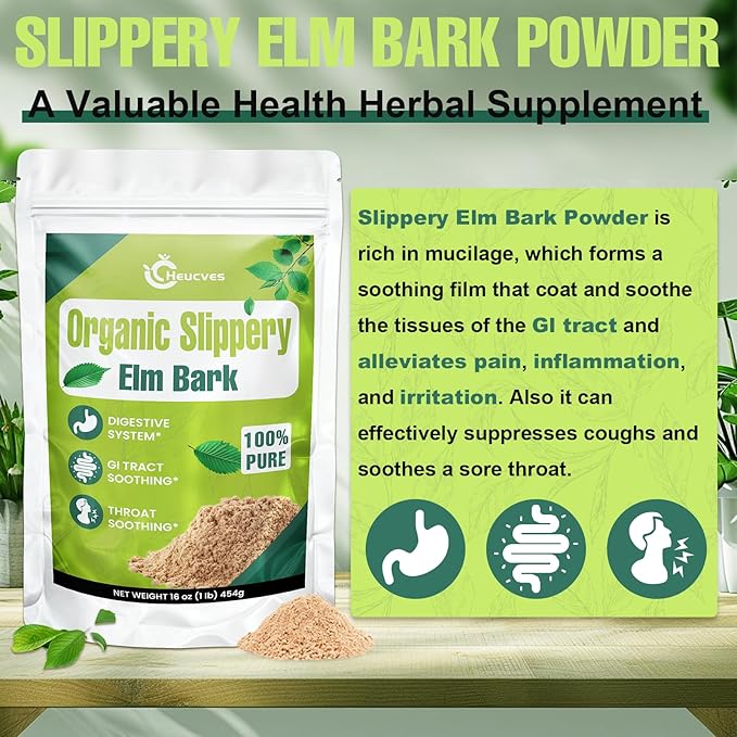 Slippery Elm Slippery Elm Powder Organic Elm Bark Made from Inner Bark - 1 Pound (349 Servings) Natural Herbs Helps Soothe The Throat and Coughing &amp Digestive Diarrhea - 100% Pure &amp Vegan