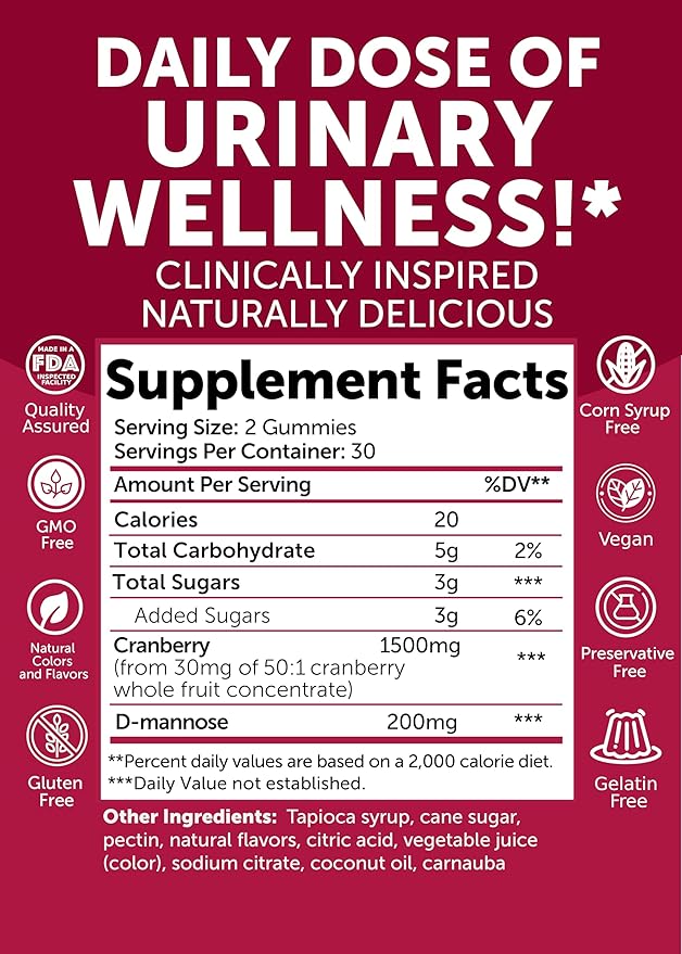 Lunakai Cranberry Gummies for Women 1500mg (50:1 Extract) with D-Mannose 200mg - Daily Cranberry Supplement for Urinary Tract Health &amp Bladder Support Non-GMO – Made in Australia – 60ct