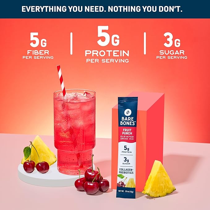 Bare Bones Fruit Punch Elevated Drink Mix | Collagen &amp Prebiotics | Gluten-Free &amp Naturally Sweetened | On-the-Go Stick Single-Serve Packs Powdered Refreshment | 5g Protein | 16 Packets (.60 o