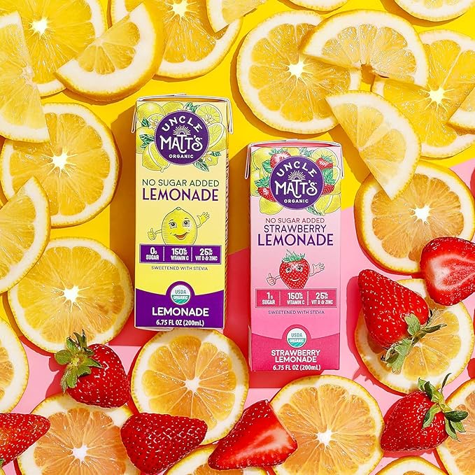 Uncle Matt’s No Sugar Added Strawberry Lemonade Organic Fruit Juice Box for Kids with Vitamin C D Zinc Only 10 Calories 32 pack of 6.75 oz Boxes