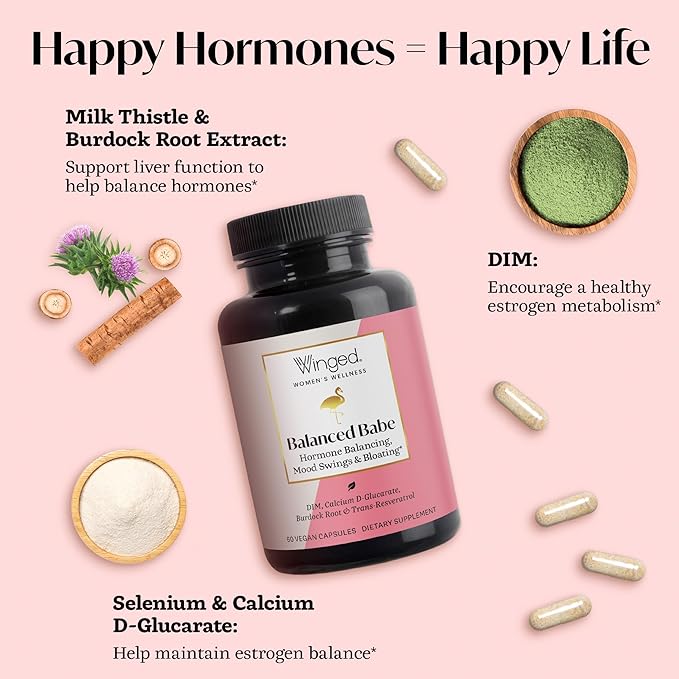 Winged Wellness Balanced Babe Hormone Balance &amp Estrogen Detox Supplement for Women - 100mg DIM &amp Milk Thistle for PMS Bloating Cramps Mood Hormonal Acne &amp PCOS Support 60 Capsules