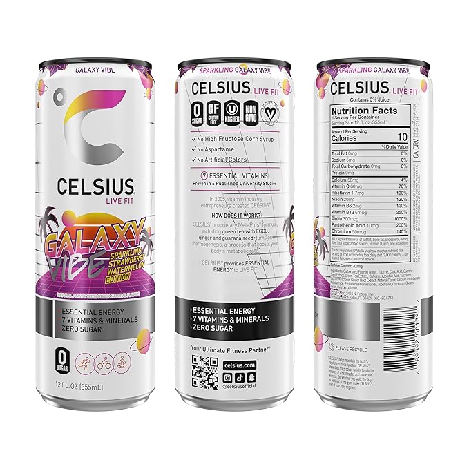 CELSIUS GALAXY VIBE Sparkling Strawberry Watermelon Sugar Free Energy Drink 12 Fl Oz (Pack of 12)