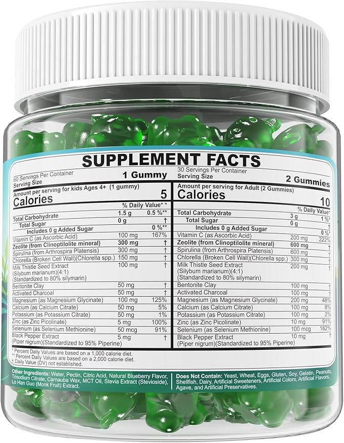 Zeolite Detox for kids &amp Adult-Sugar Free Zeolite Detox Gummies with Spirulina Chlorella Milk Thistle Magnesium Glycinate Calcium Citrate for Energy Focus Digestive Immune Antioxidant - 12