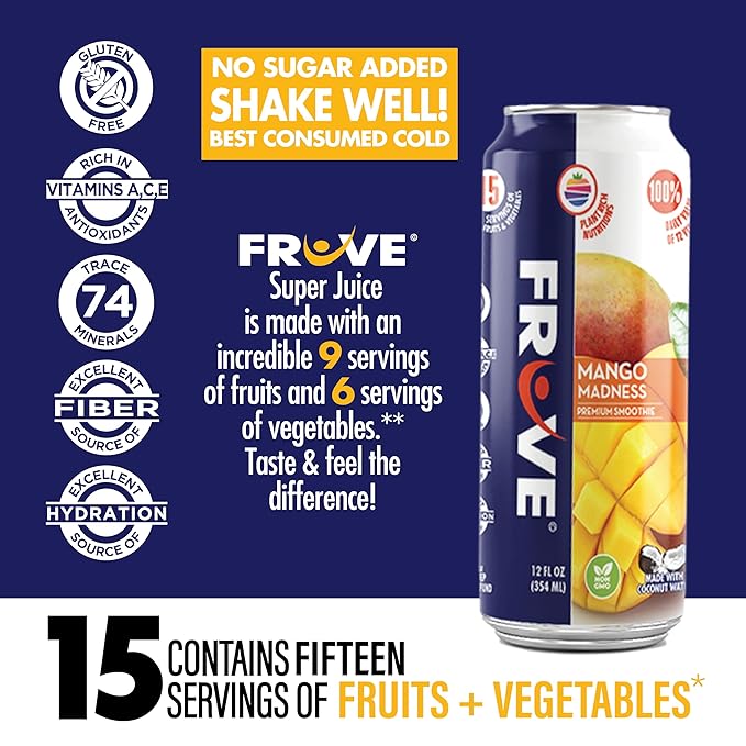 Fruve a healthy super juice drink with real fruit | Gut Health &amp Immunity Benefits | non-GMO | low calorie | Mango Madness | 12 fl oz (12 Pack)