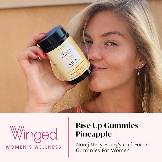 Winged Wellness Rise Up Energy &amp Focus Gummies for Women - Daily Brain Boost Gummy Supplement with Natural Caffeine Ashwagandha B12 Nootropics Alpha-GPC &amp Lion’s Mane - Pineapple 60 Gummi