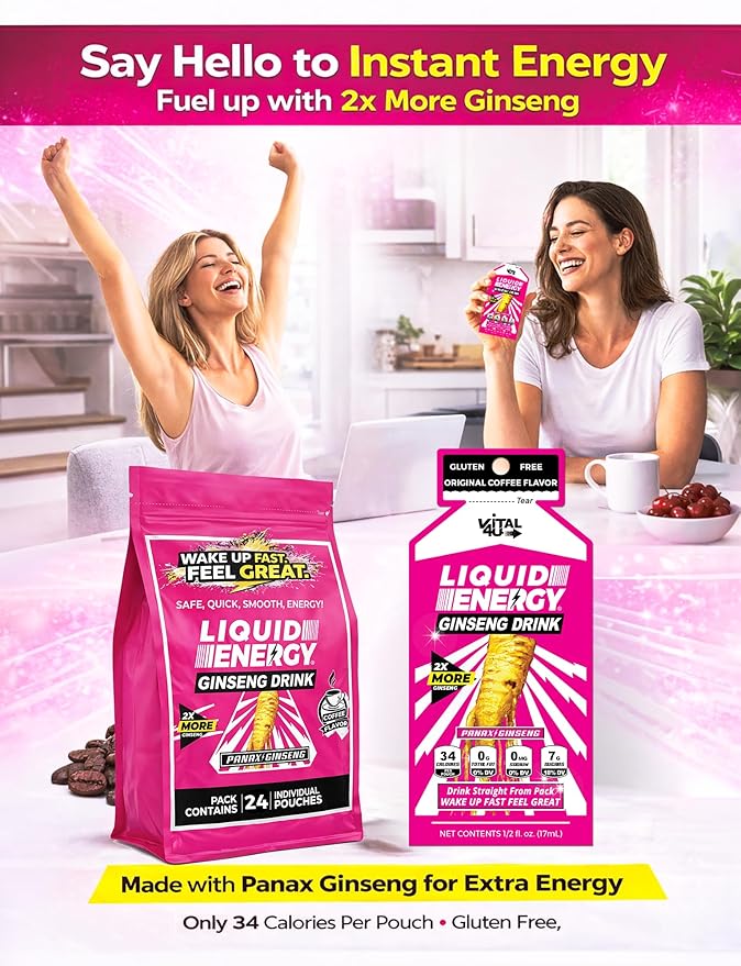 Vital 4U Liquid Energy Shot - Ginseng B Vitamins Naturally Sweetened Coffee Flavor 24 ct