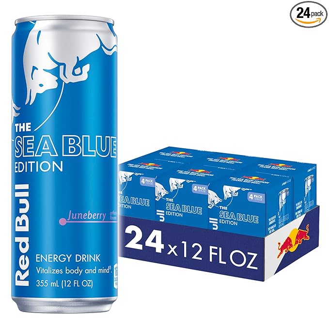 Red Bull Sea Blue Edition Energy Drink Juneberry with 114mg Caffeine plus Taurine &amp B Vitamins 12 Fl Oz Pack of 24 Cans (6 Packs of 4)
