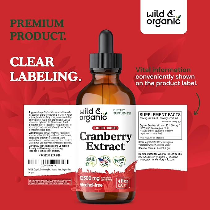 Wild &amp Organic Cranberry Concentrate Liquid Drops 12500 mg - Urinary Tract Support with Cranberry Supplement for Women &amp Men - 500 mg Extract per Serving - Vegan Sugar &amp Alcohol-Free - 4