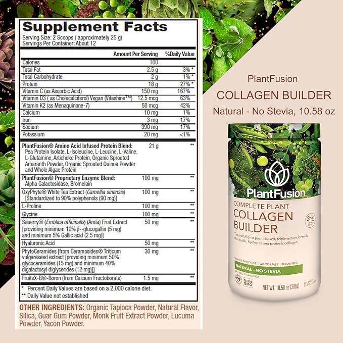 PlantFusion Vegan Collagen Powder - Plant Based Collagen Protein Powder For Muscle &amp Joints Hair Skin &amp Nails - Keto Gluten Free Soy Free Non-Dairy No Sugar Non-GMO - Unflavored 10.58 o