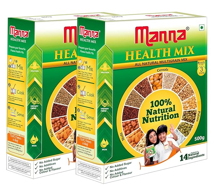 Manna Health Mix | 100% Natural Multigrain Nutrition Drink for Kids | Multi Millet Health Drink Mix Powder 1kg (500g x 2 Packs) | 14 Natural Ingredients