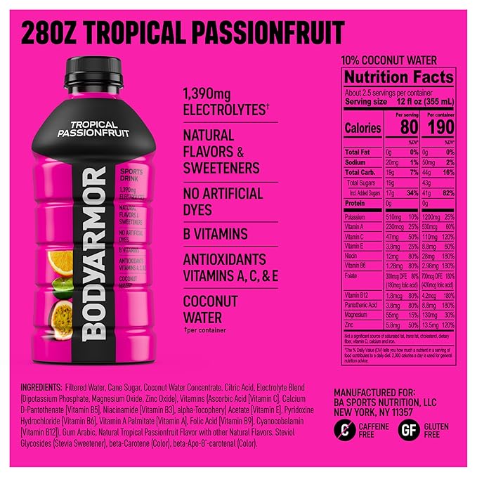BODYARMOR Sports Drink Tropical Passionfruit Electrolyte Drink Hydration 28 Fl Oz Bottles (15 Pack) Flavored Coconut Water with B Vitamins &amp Antioxidants