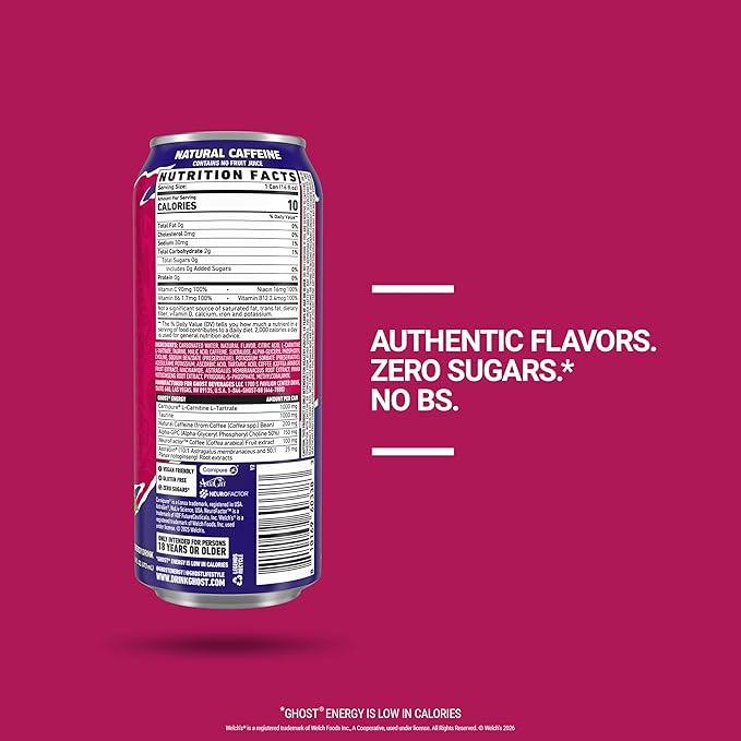 GHOST Energy Drink - 12-Pack Welch's Grape-Cran 16oz Cans - Energy &amp Focus &amp No Artificial Colors - 200mg of Natural Caffeine L-Carnitine &amp Taurine - Gluten-Free &amp Vegan
