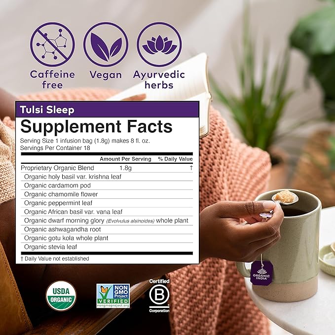 ORGANIC INDIA Tulsi Sleep Herbal Tea - Holy Basil Ashwagandha Chamomile Night Time Tea for Bedtime Stress Relieving &amp Relaxing Immune Support USDA Certified Organic - 18 Infusion Bags 6 Pac