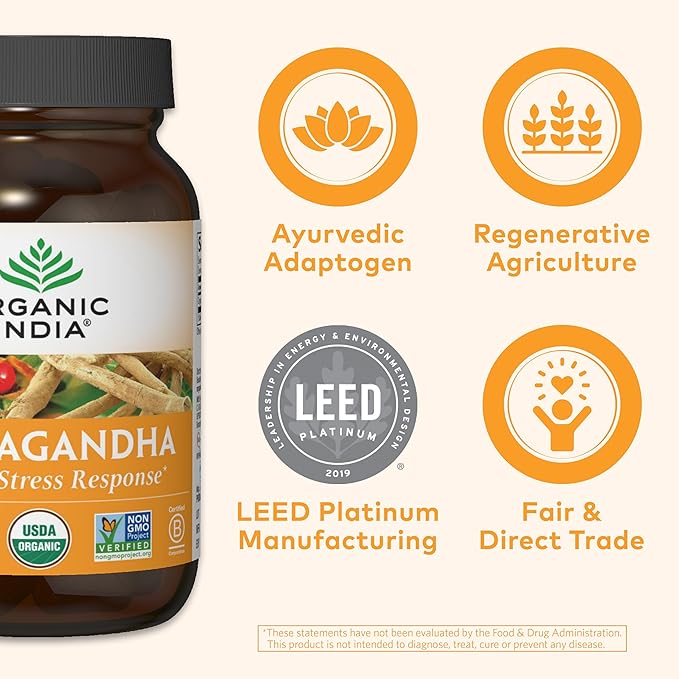 ORGANIC INDIA Ashwagandha Capsules - Organic Ashwagandha Supplement - Vegan Ashwagandha Root Gluten-Free Kosher Non-GMO Supports Stress Relief Energy and Sleep - 90 Capsules