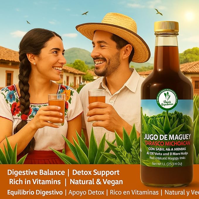 Maguey Jugo(Juice) w/ Aloe Vera &amp 6 Herbs (Sábila y 6 Hierbas)–1000 ml (1 L) Pure Agave Juice – 100% Artisanal Vegan Non-GMO–Natural Digestive Support – Rich in Vitamins B2 B3 &amp C IronCal