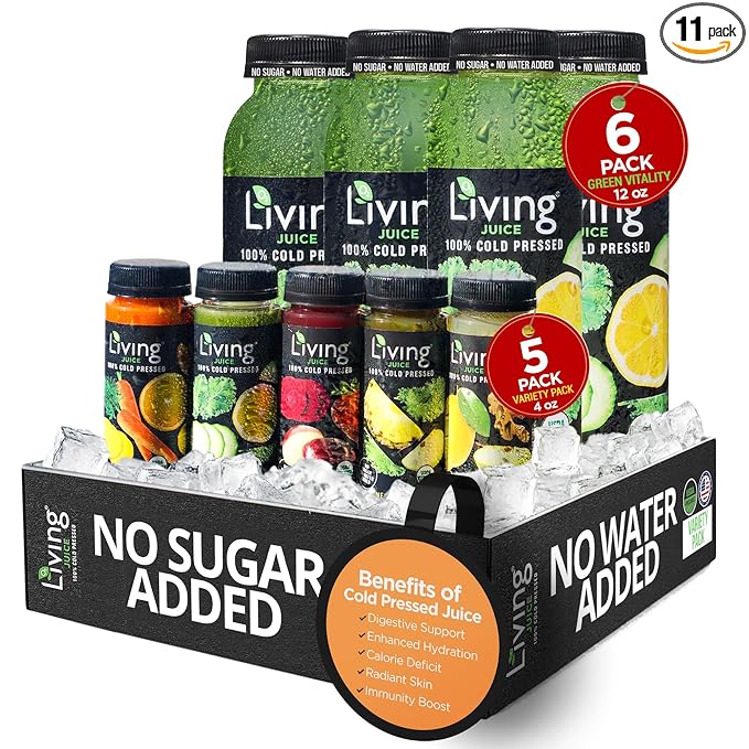 O2 Living Juice Cold Pressed Drink - Green Vitality Organic Juice Variety Pack - No Added Sugars or Water Naturally Sweetened from Fruits Rich in Nutrients &amp Vitamins - 12oz (6-Pack) + 4oz (5-Pa